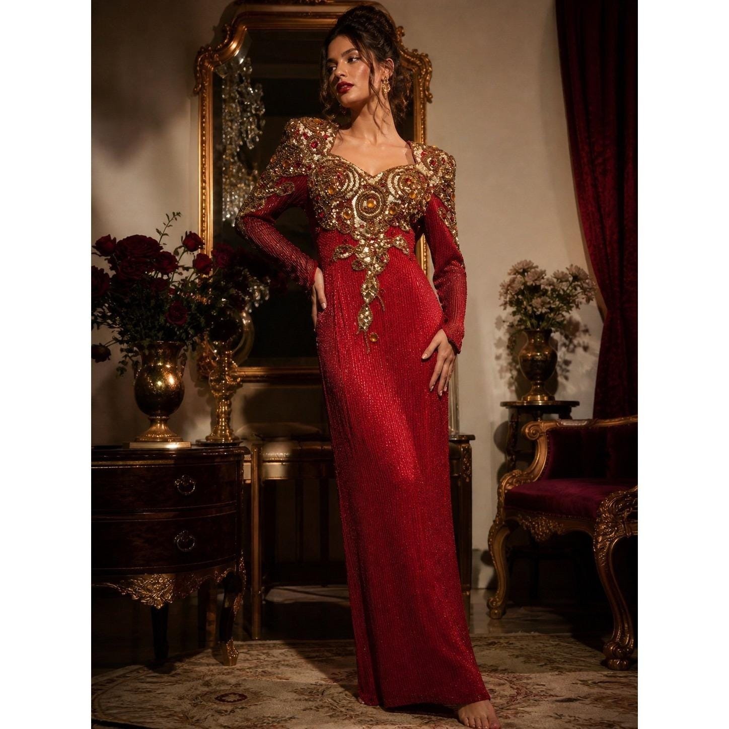 Vintage Niteline Red Silk Beaded Gown Maxi Dress Open Back Size 12 Glam Evening